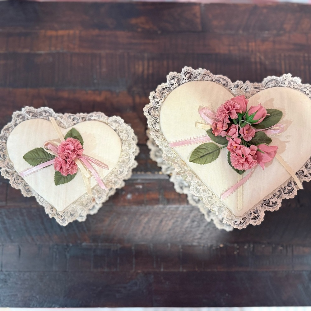 Vintage Heart-Shaped Lace Accent Box with Pink Flowers